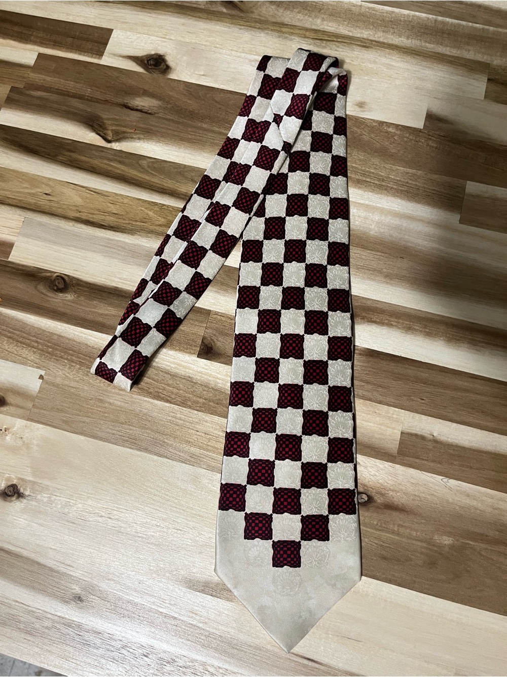 Gianfranco Ferre Burgundy and Cream Checkerboard Silk Tie